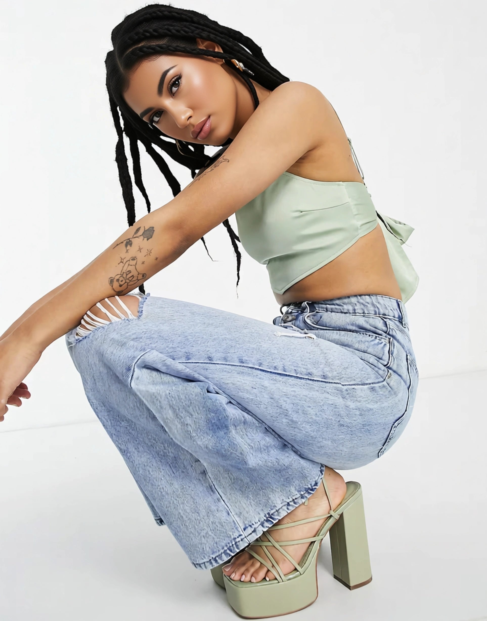 LOLA MAY PETITE Womens Satin Tie Back Crop Top in Sage Green In Green