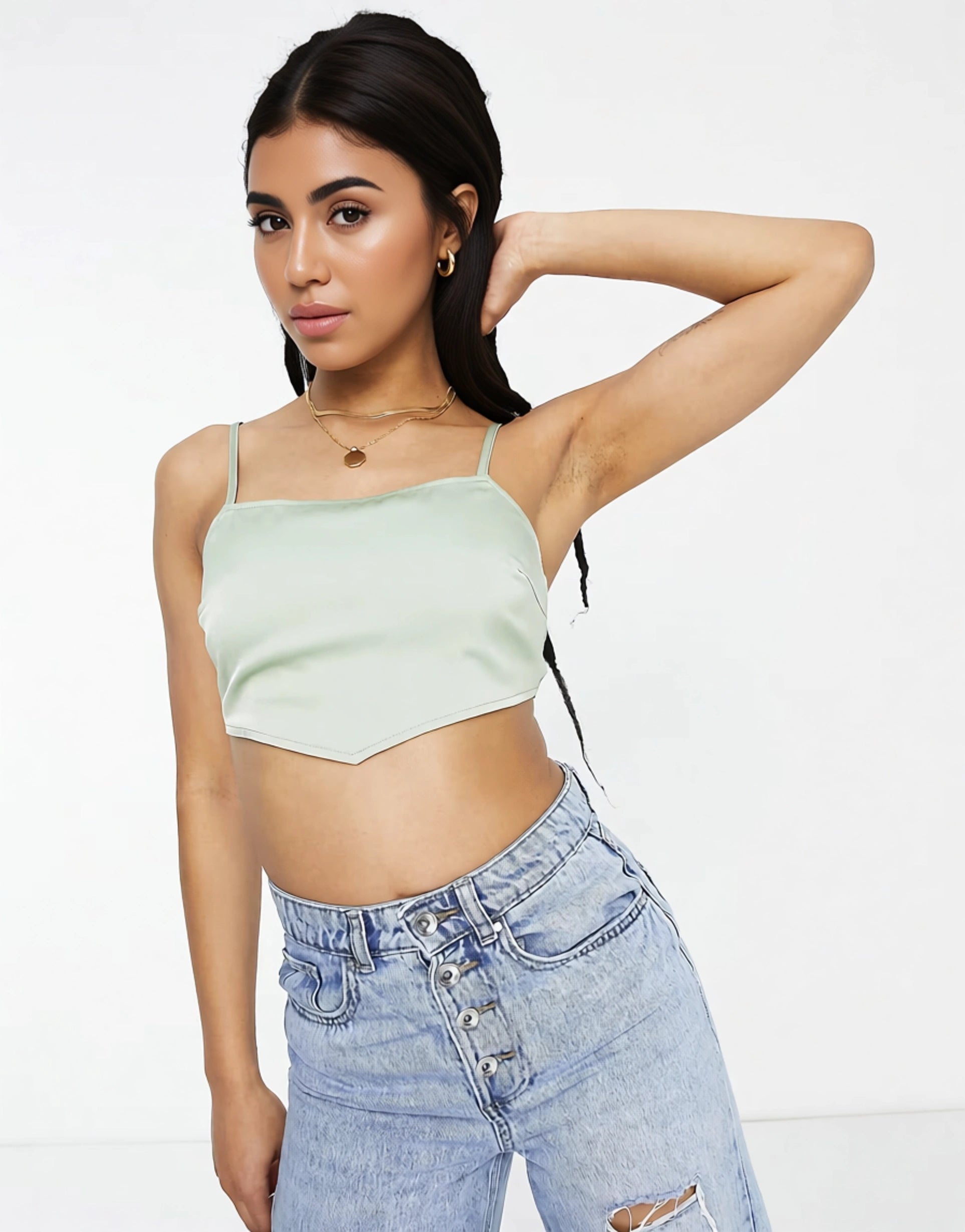 LOLA MAY PETITE Womens Satin Tie Back Crop Top in Sage Green In Green