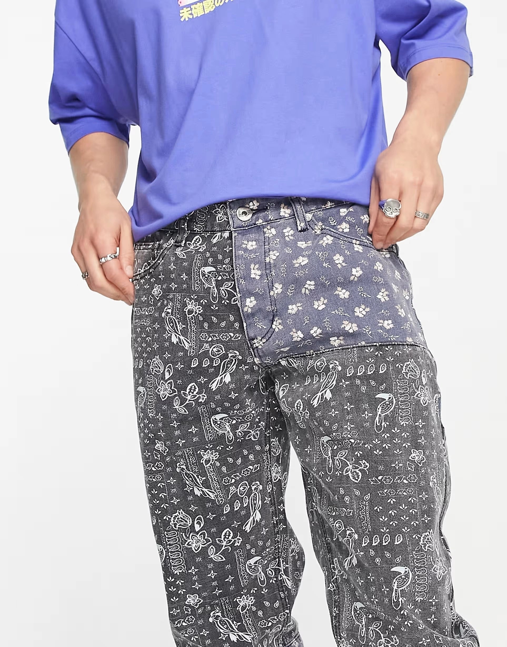 Mens Liquor N Poker Straight Leg Denim Jeans In Blue Paisley
