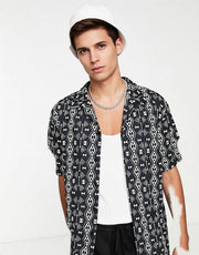 Liquor N Poker Mens Co-Ord Short Sleeve Revere Collared Shirt in Black With Aztec Print