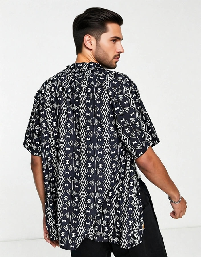 Liquor N Poker Mens Co-Ord Short Sleeve Revere Collared Shirt in Black With Aztec Print