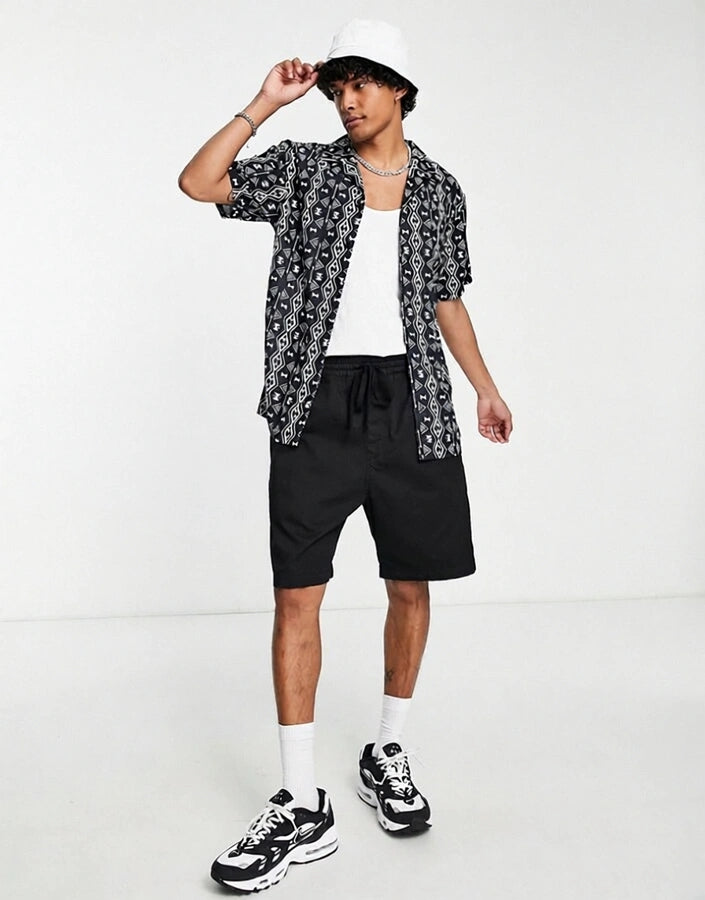 Liquor N Poker Mens Co-Ord Short Sleeve Revere Collared Shirt in Black With Aztec Print