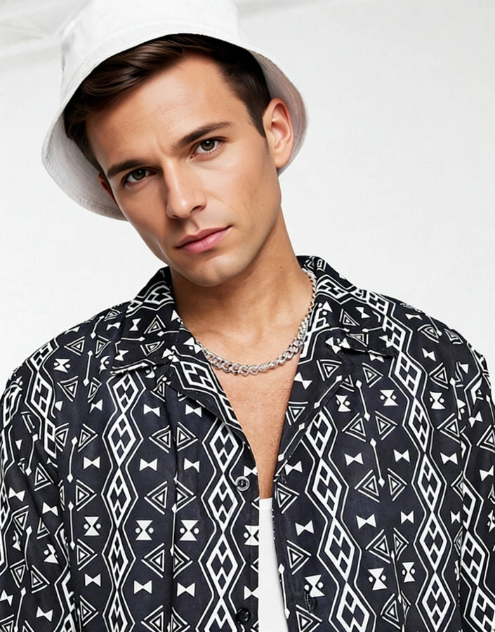 Liquor N Poker Mens Co-Ord Short Sleeve Revere Collared Shirt in Black With Aztec Print