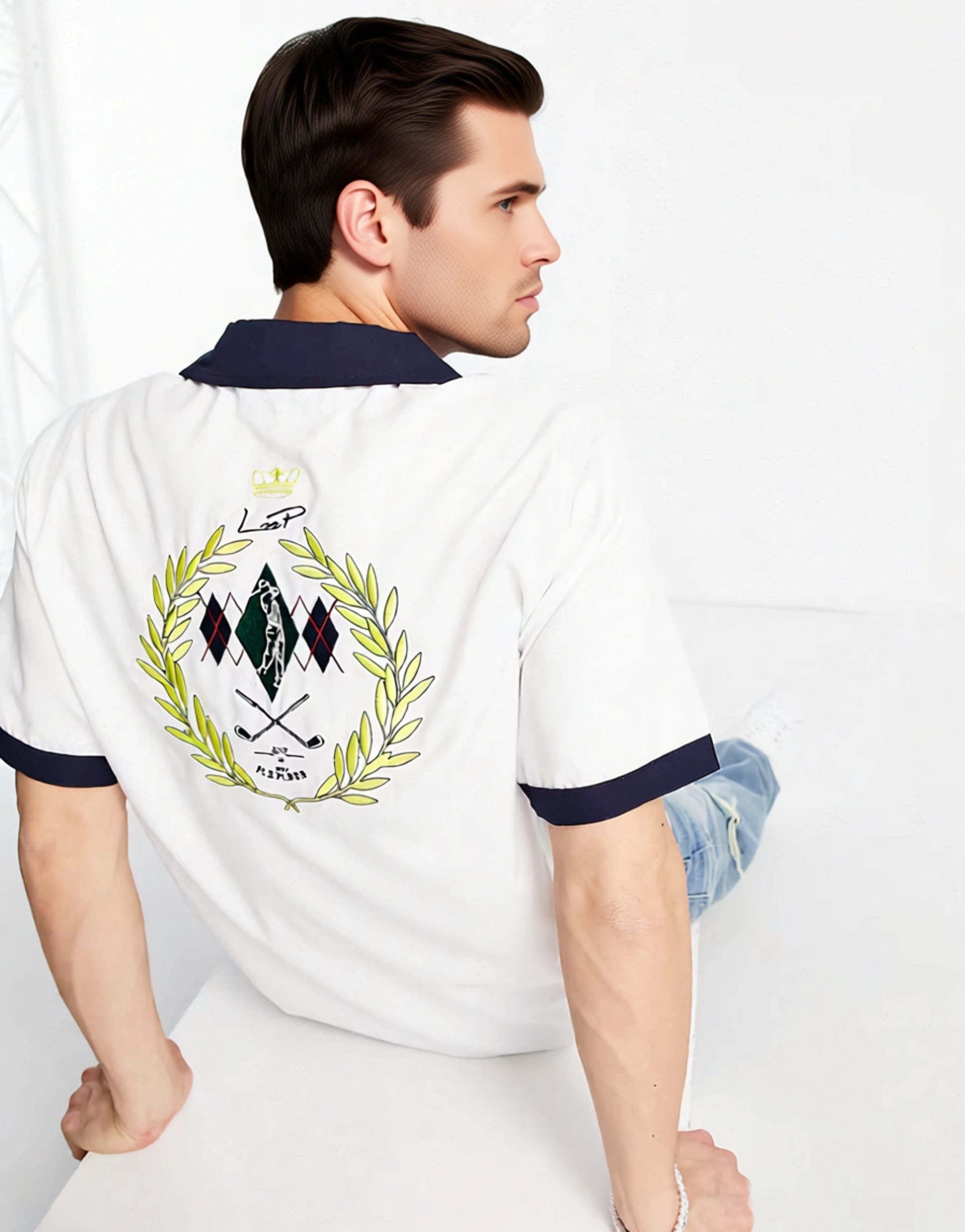 Liquor N Poker Mens Co-Ord Shirt in Off White With Golf Club Back Embroidery