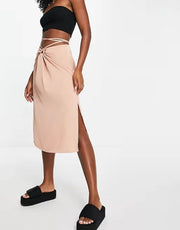 Lola May Womens Ruched Satin Strappy Detail Midi Skirt in Blush