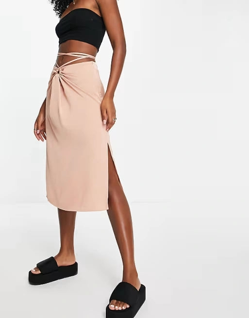 Lola May Womens Ruched Satin Strappy Detail Midi Skirt in Blush