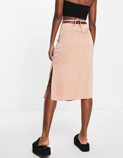 Lola May Womens Ruched Satin Strappy Detail Midi Skirt in Blush