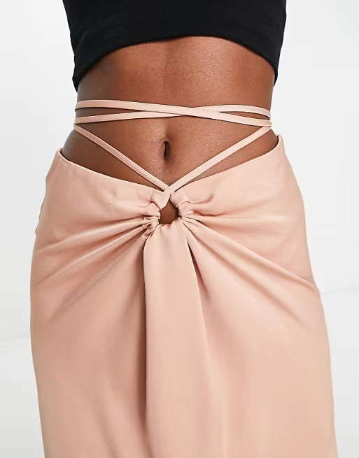 Lola May Womens Ruched Satin Strappy Detail Midi Skirt in Blush