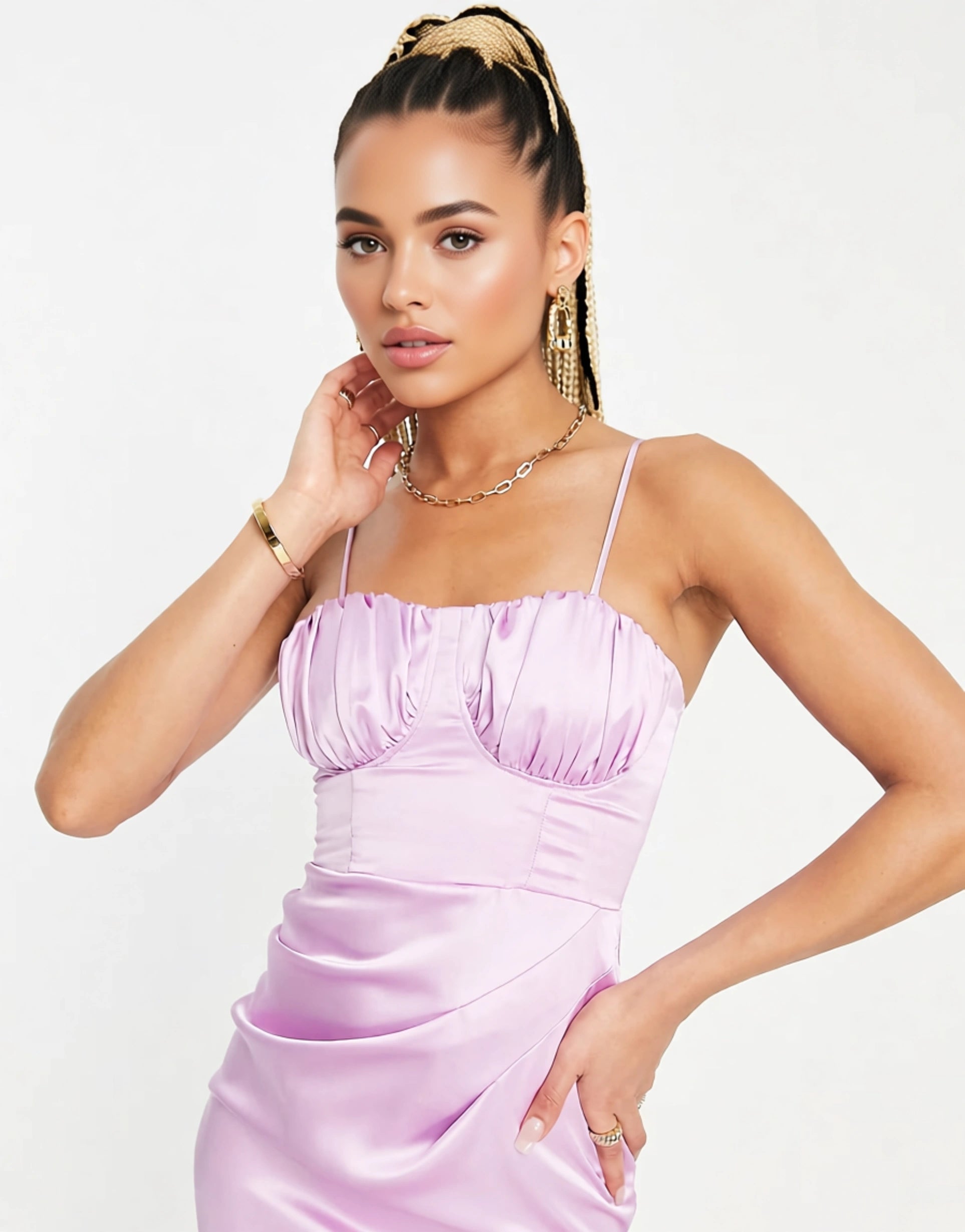 First Distraction Womens The Label Satin Ruched Maxi Dress With Thigh Split in Lilac