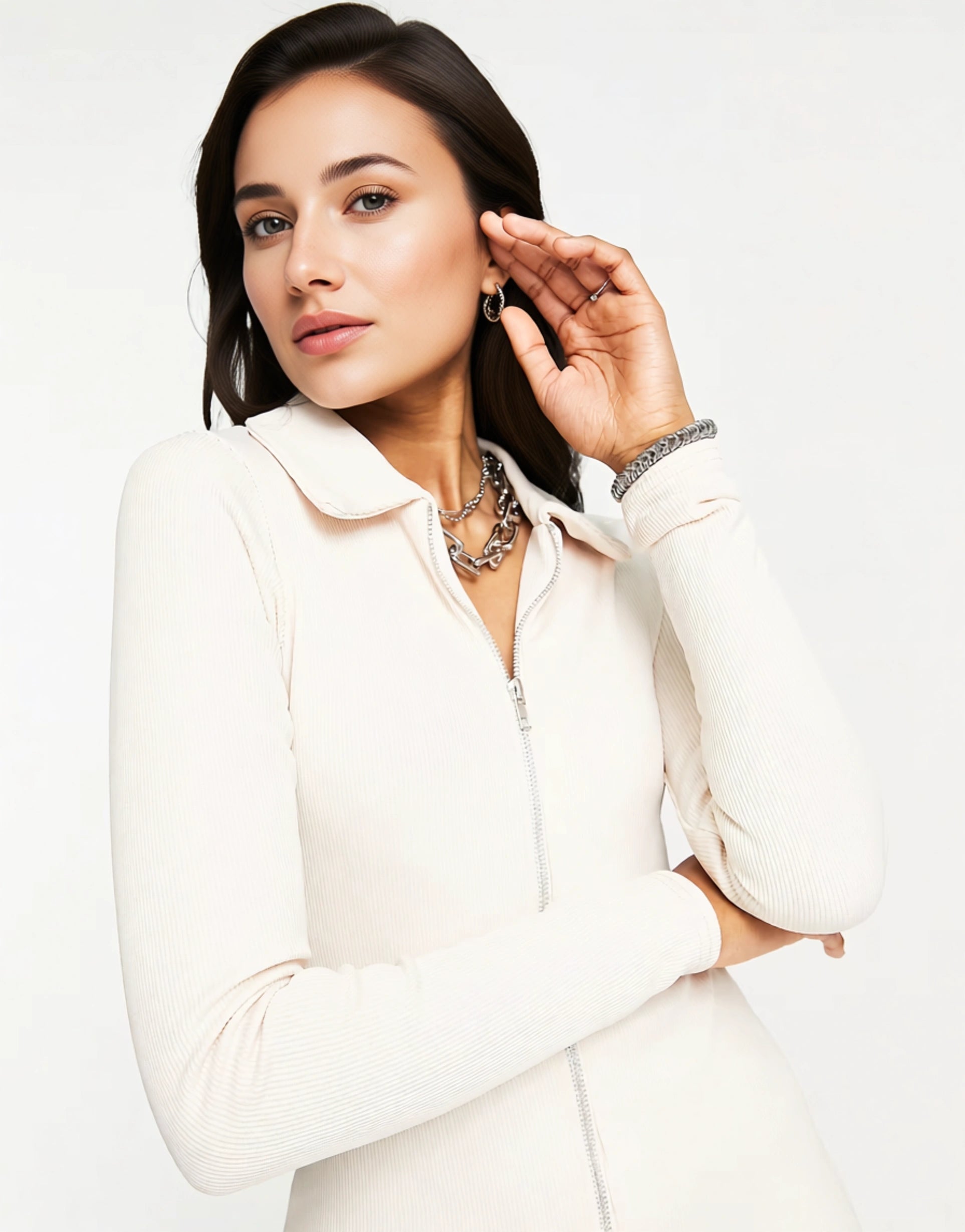 Missyempire Women's Ribbed Jersey Zip Through Mini Dress in Stone