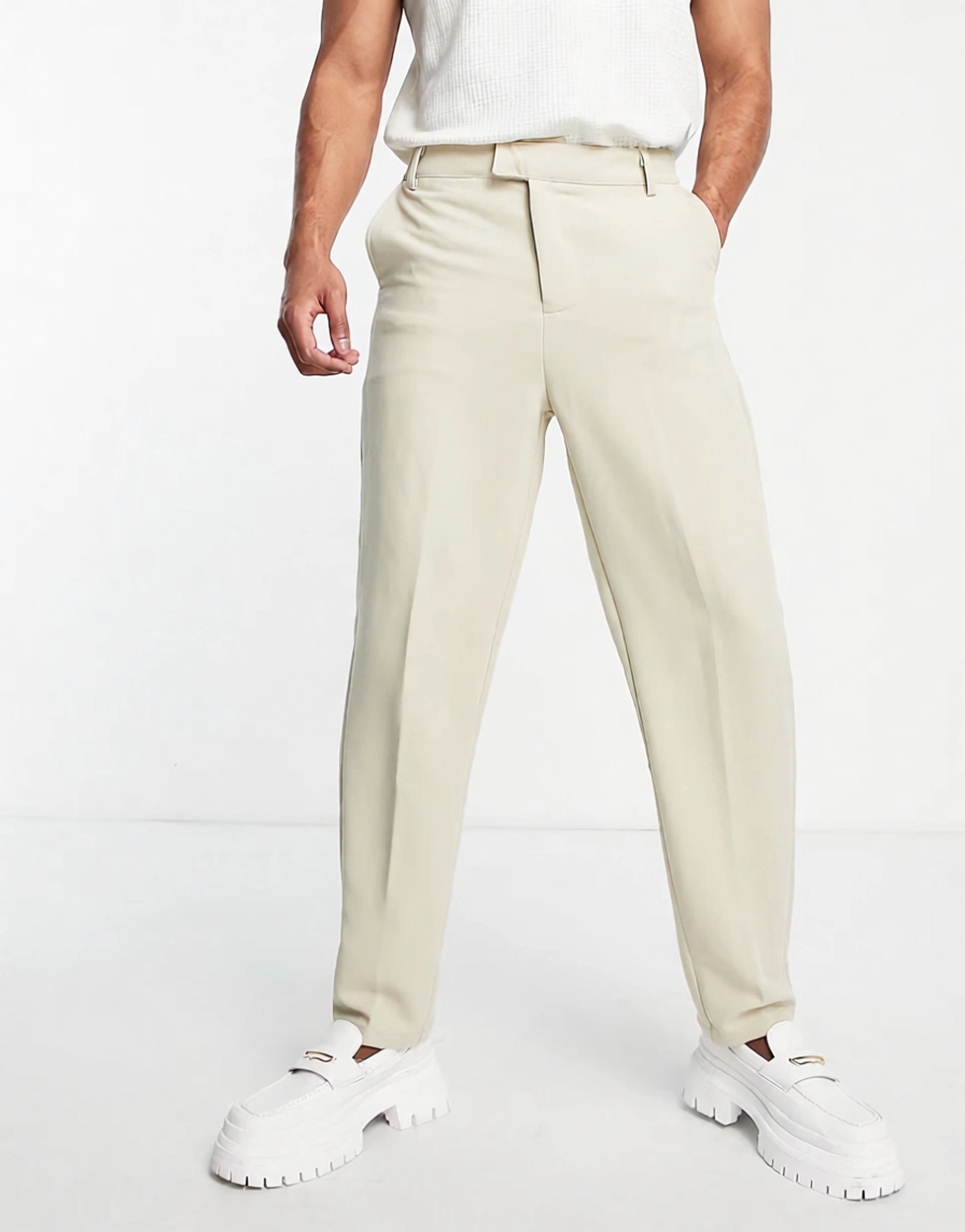 Bando Mens Carrot Fit Tapered Jersey Suit Trousers In Stone