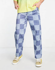 Vintage Supply Mens Leopard Checkerboard Print Straight Jeans In Blue
