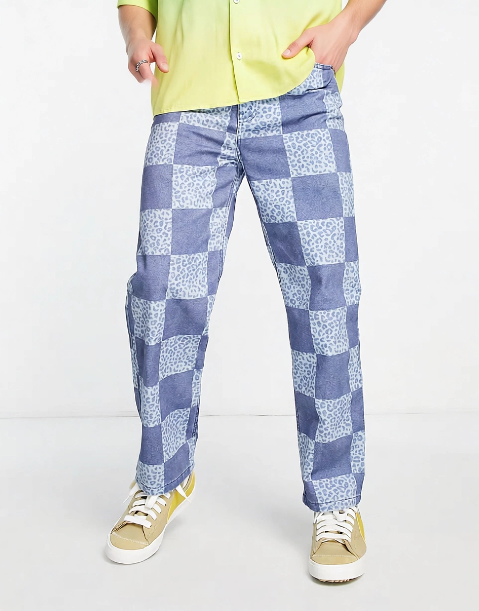 Vintage Supply Mens Leopard Checkerboard Print Straight Jeans In Blue