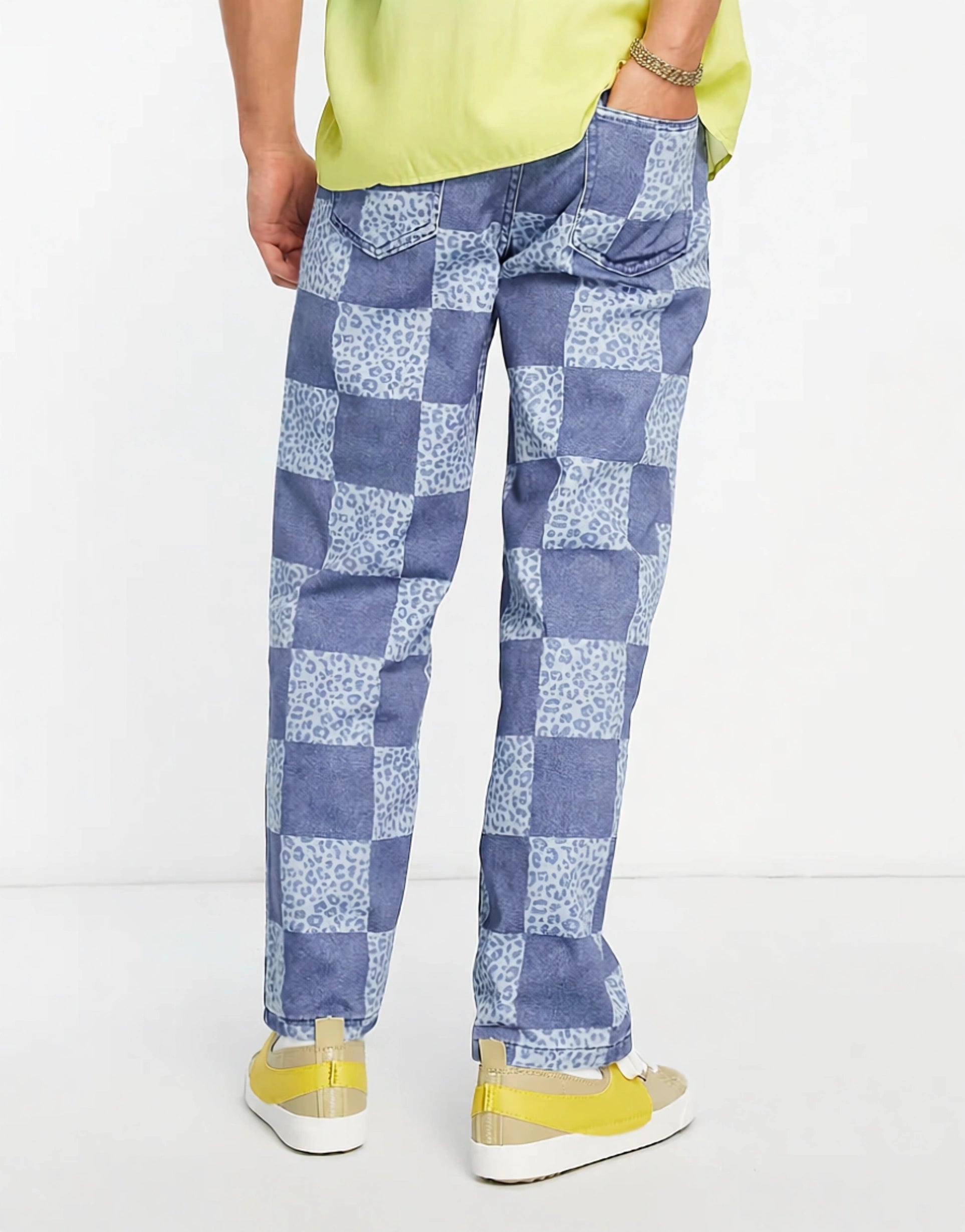Vintage Supply Mens Leopard Checkerboard Print Straight Jeans In Blue