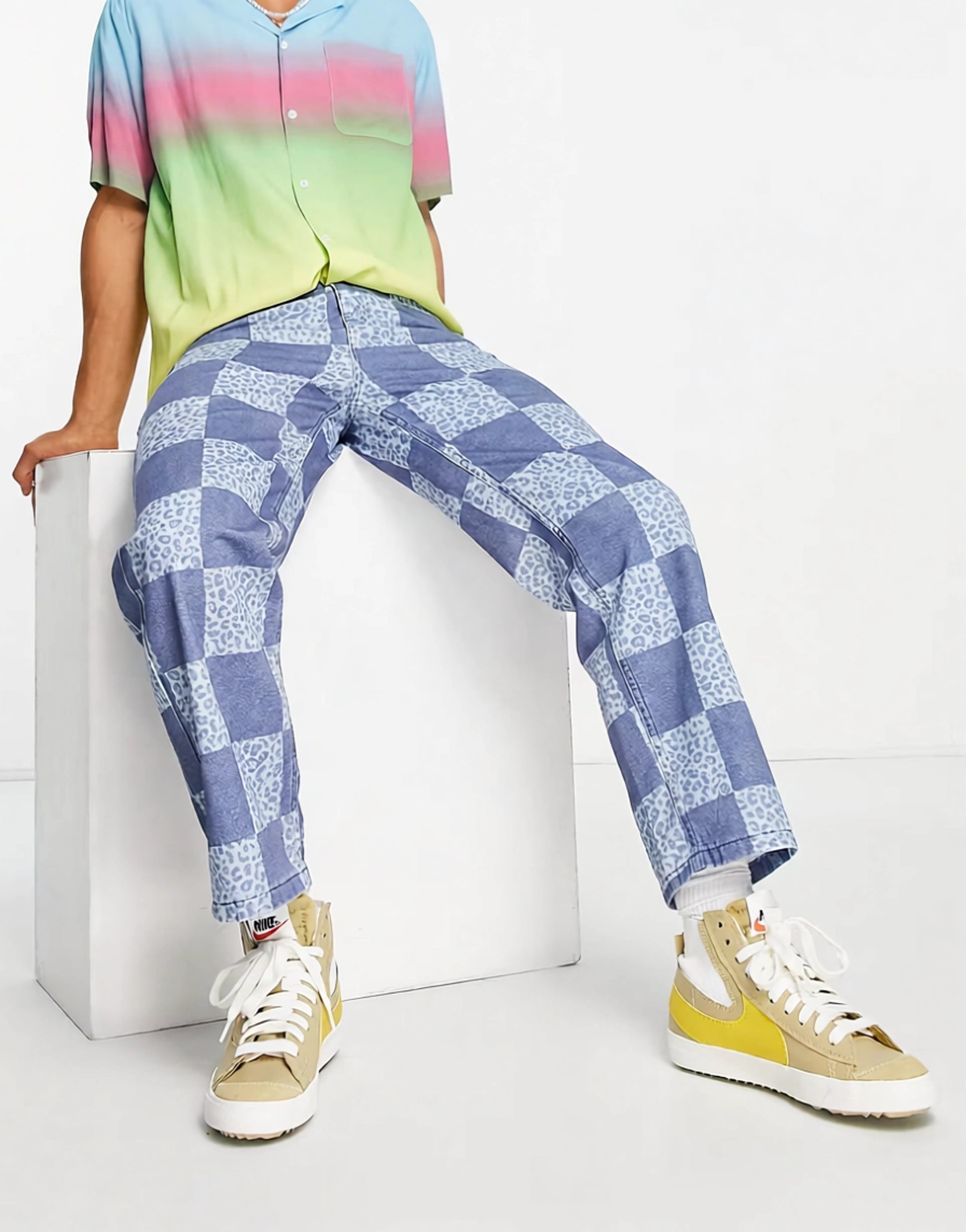 Vintage Supply Mens Leopard Checkerboard Print Straight Jeans In Blue