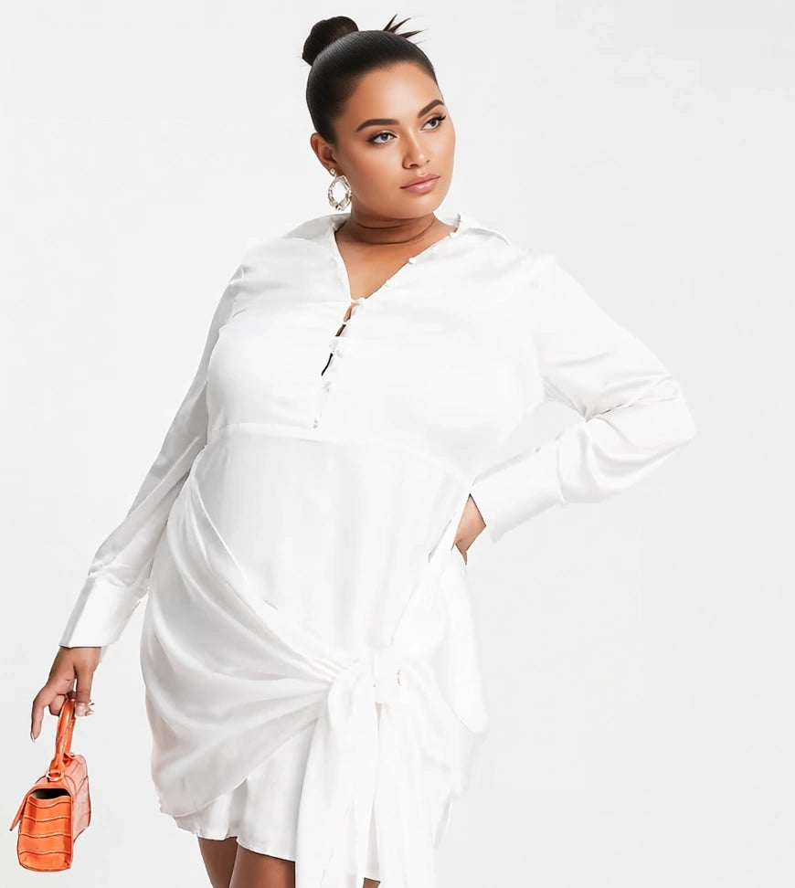 Missguided Plus Womens Shirt Dress With Knot Detail in White Satin