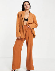 NaaNaa Petite Womens High Waisted Straight Leg Trouser in Camel
