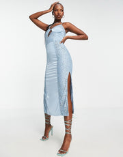 NaaNaa satin midi dress with lace insert in blue