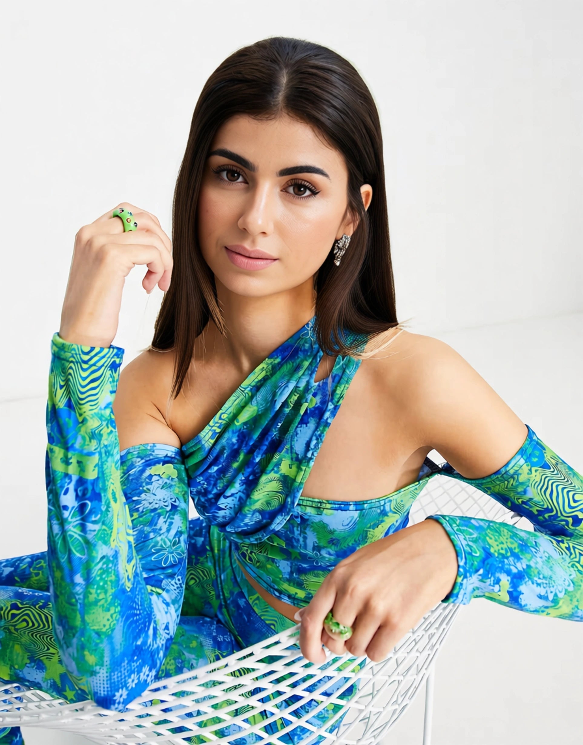 Daisy Street Womens Asymmetric Long Sleeve Off Shoulder Crop Top in Mix Blue Print Co-Ord In Blue
