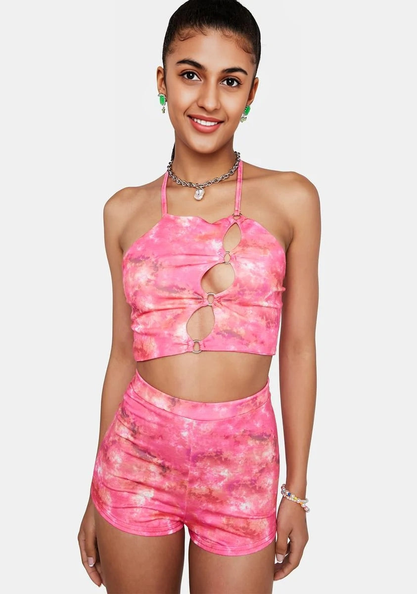 Daisy Street Womens High Waisted Hot Pant Shorts in Pink Print Co-Ord