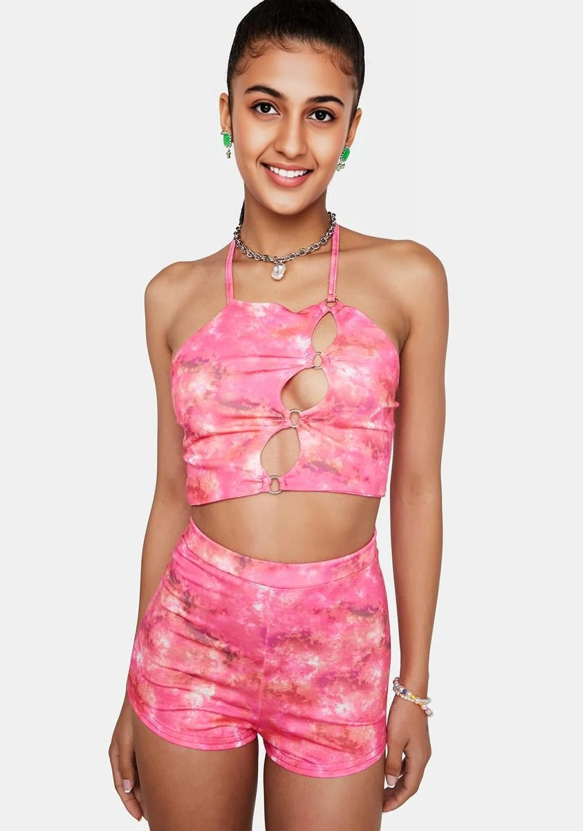 Daisy Street Womens High Waisted Hot Pant Shorts in Pink Print Co-Ord