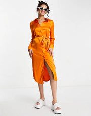 Monki Womens Satin Belted Midi Shirt Dress In Orange