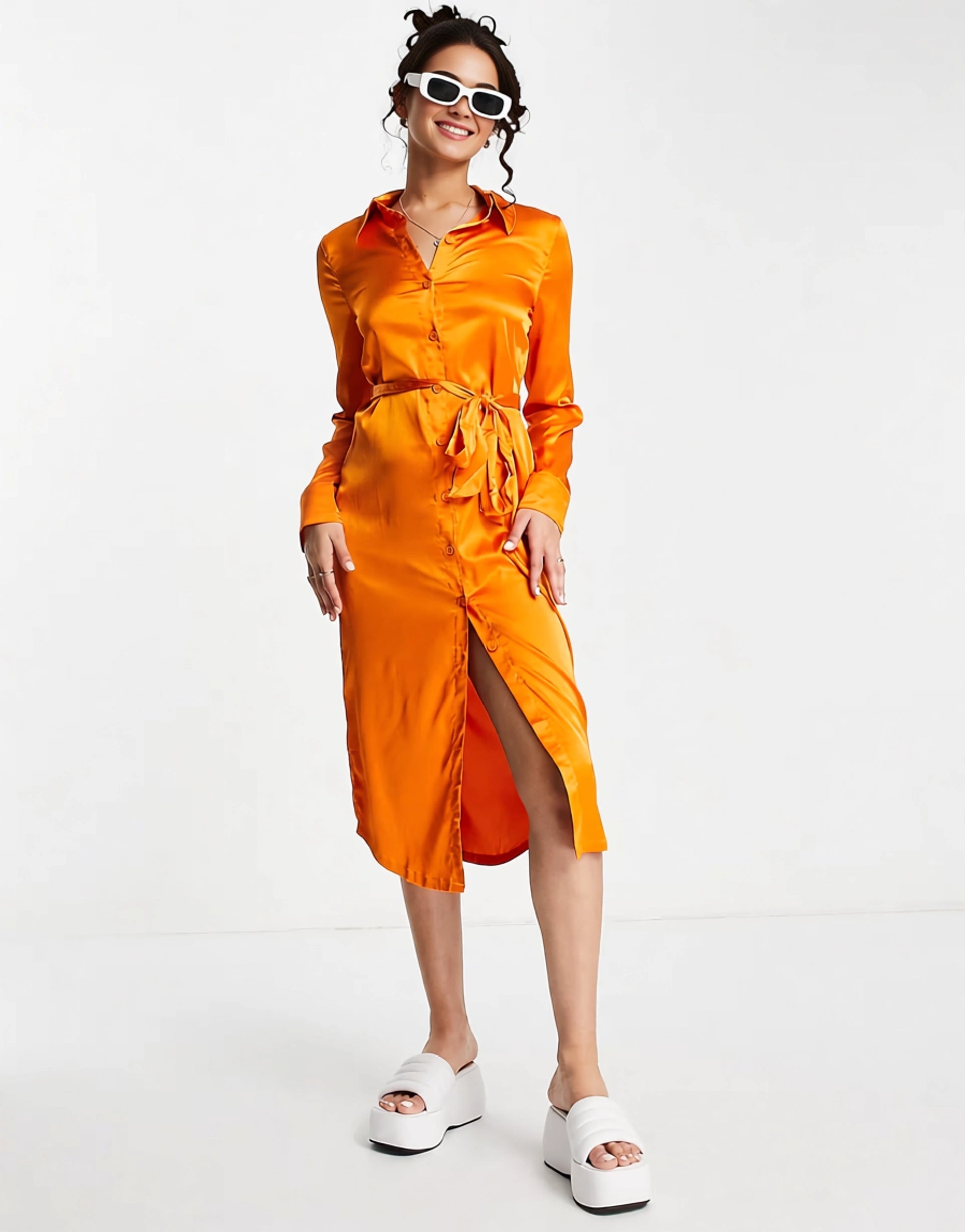 Monki Womens Satin Belted Midi Shirt Dress In Orange