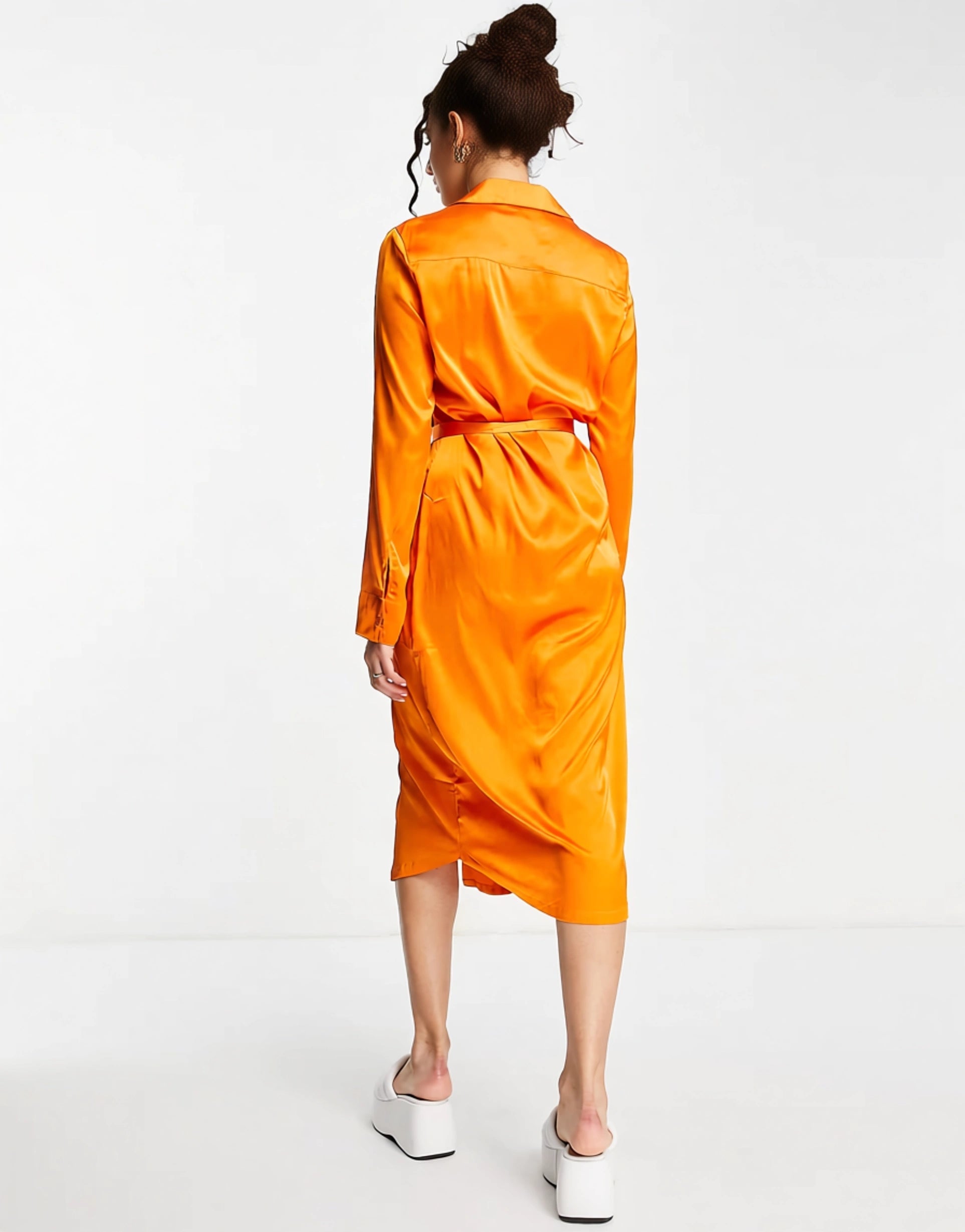 Monki Womens Satin Belted Midi Shirt Dress In Orange