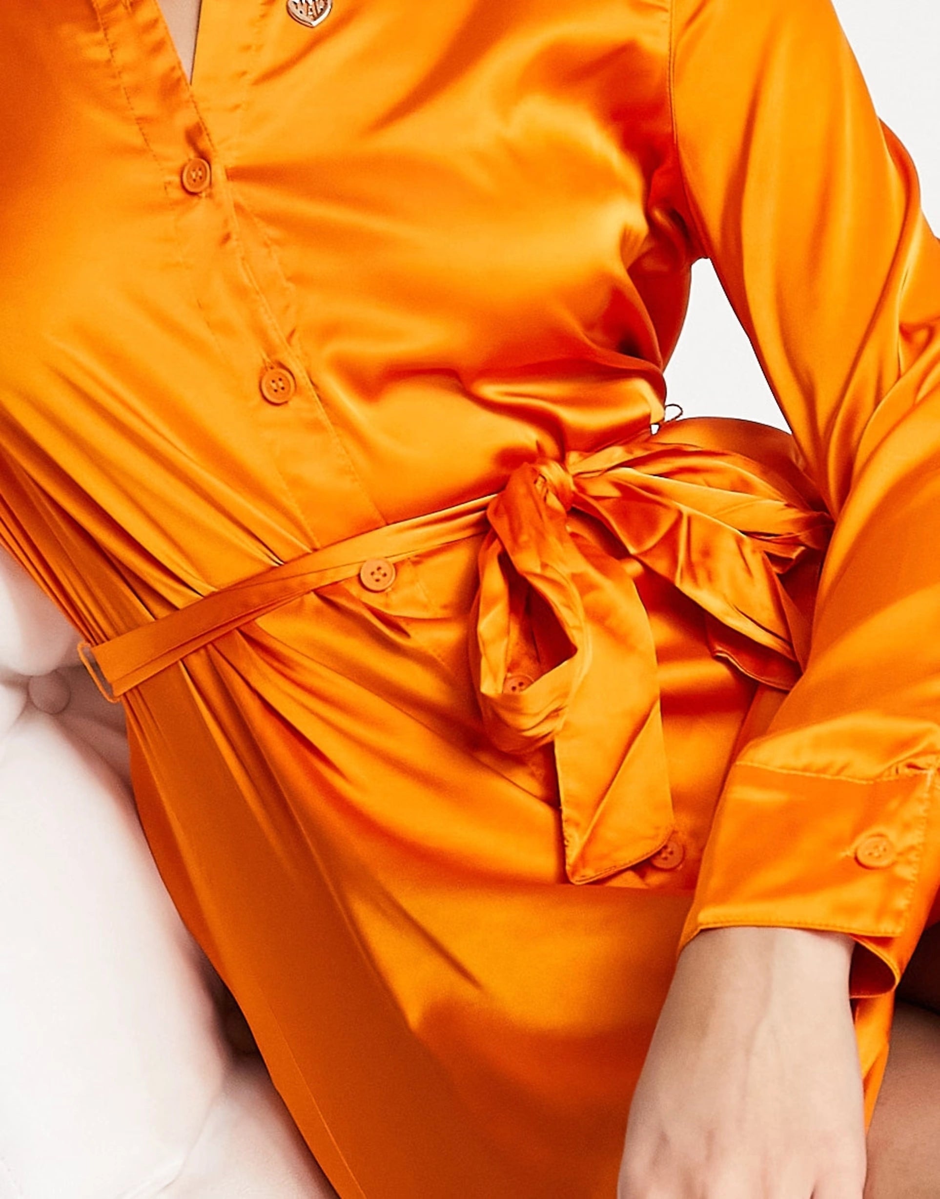 Monki Womens Satin Belted Midi Shirt Dress In Orange