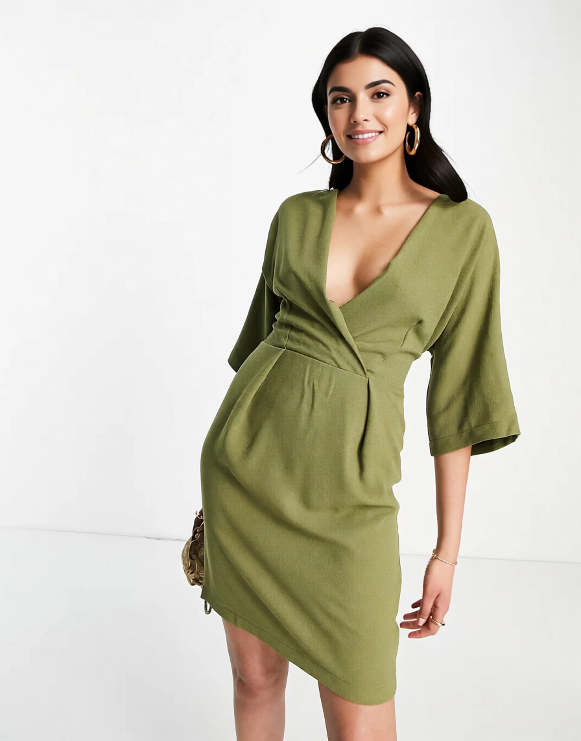 Closet London Womens Tie Back Wrap Front Mini Dress in Olive