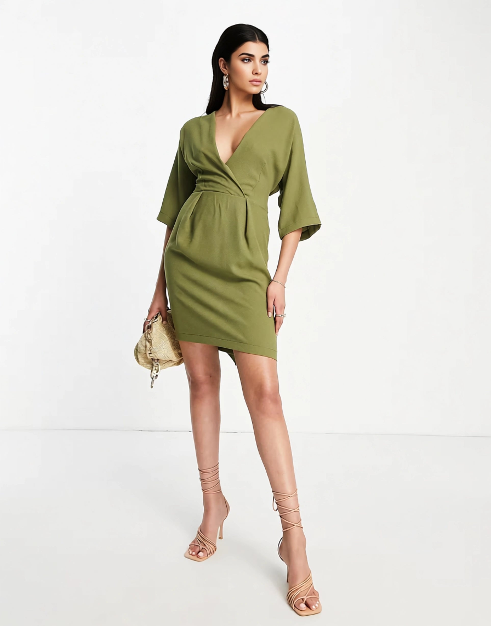 Closet London Womens Tie Back Wrap Front Mini Dress in Olive