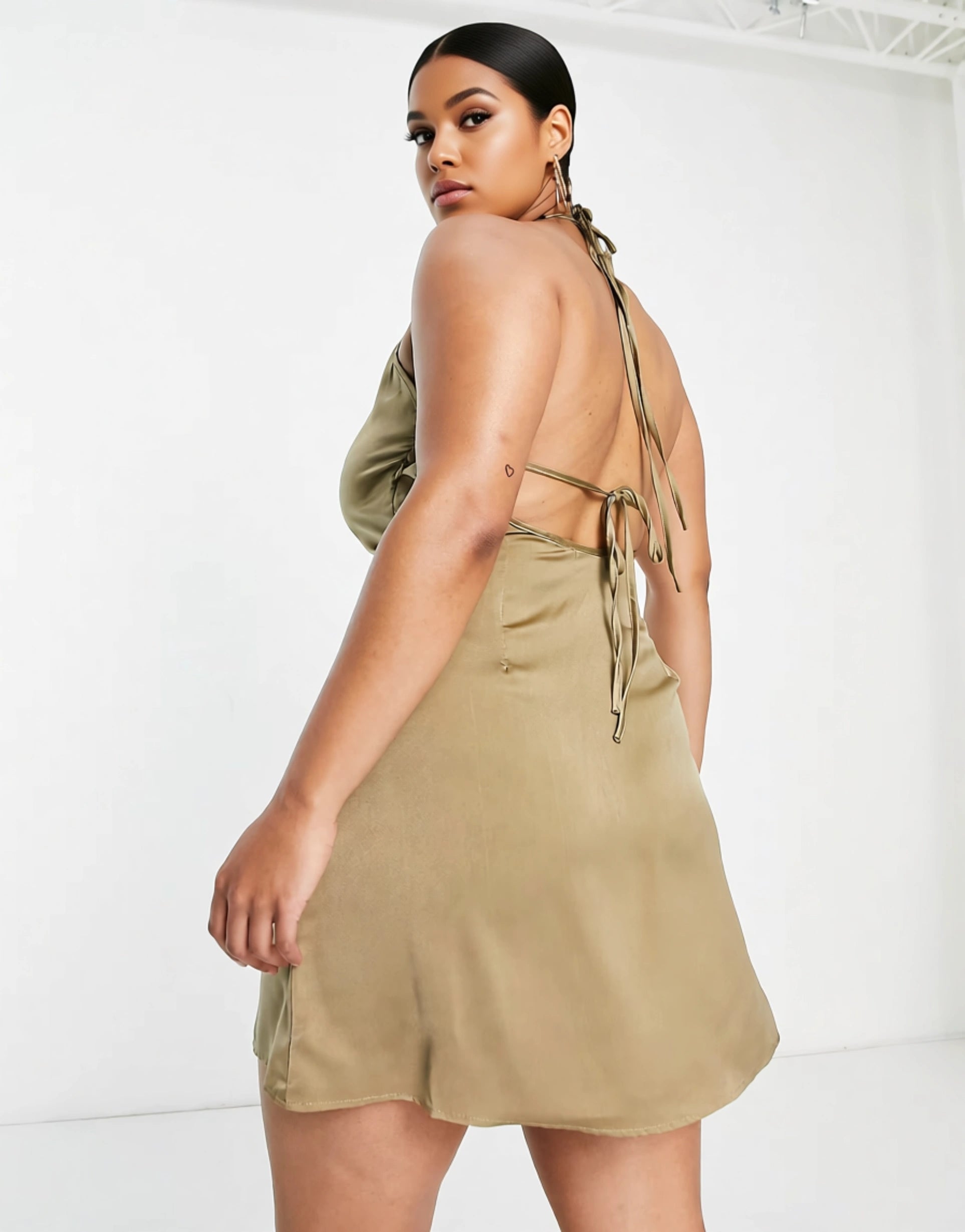 NaaNaa Plus Womens Halterneck Satin Mini Dress in Khaki In Green