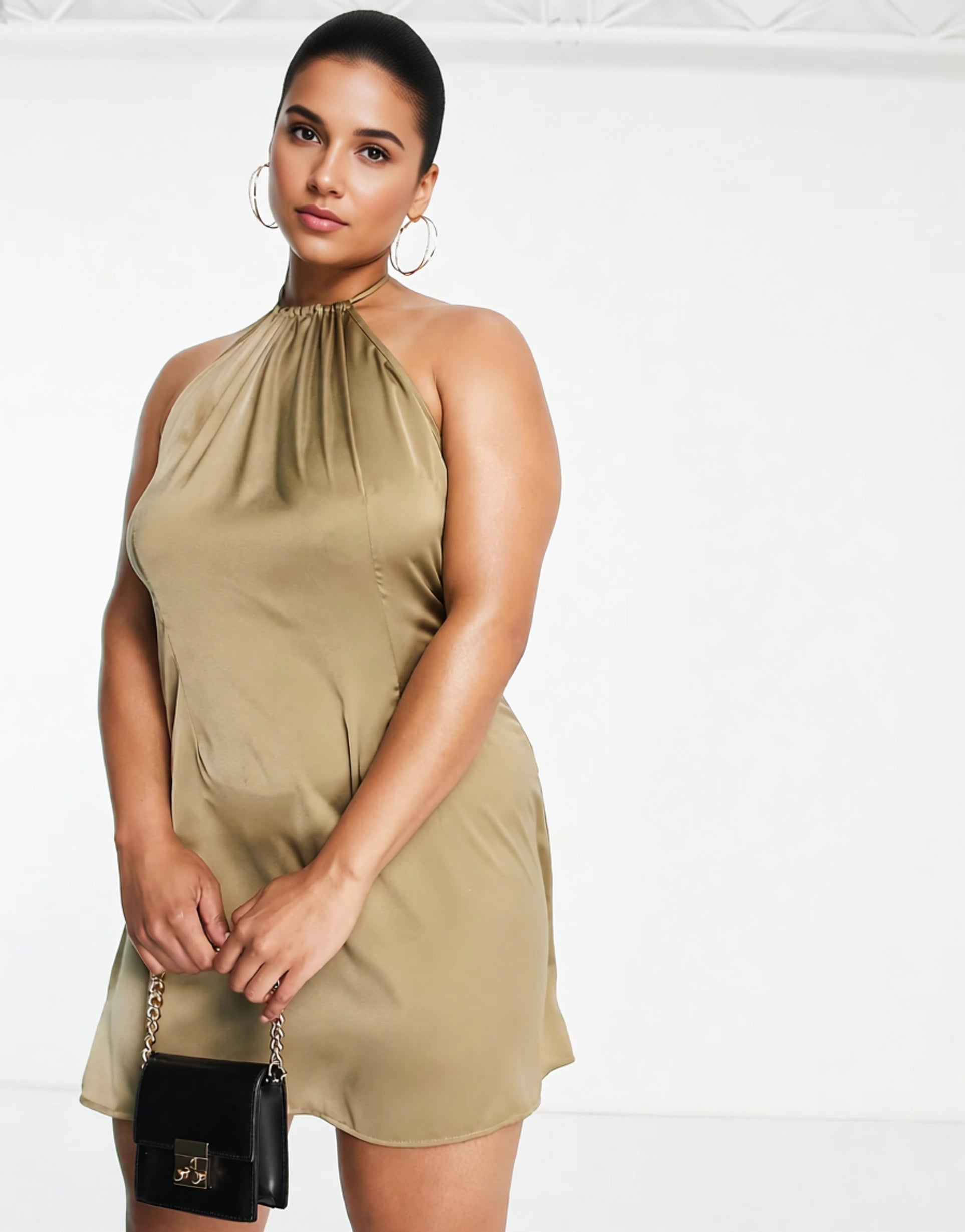 NaaNaa Plus Womens Halterneck Satin Mini Dress in Khaki In Green