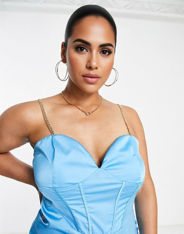 NaaNaa Plus Womens Corset Detail Satin Mini Dress in Cyan Blue