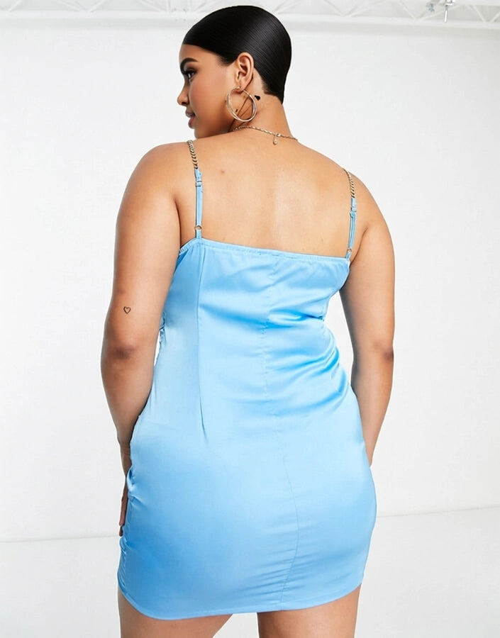 NaaNaa Plus Womens Corset Detail Satin Mini Dress in Cyan Blue