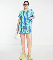 Womens Daisy Street Plus Distressed Knit Boxy Shirt In Blue Green Wavy Co-Ord