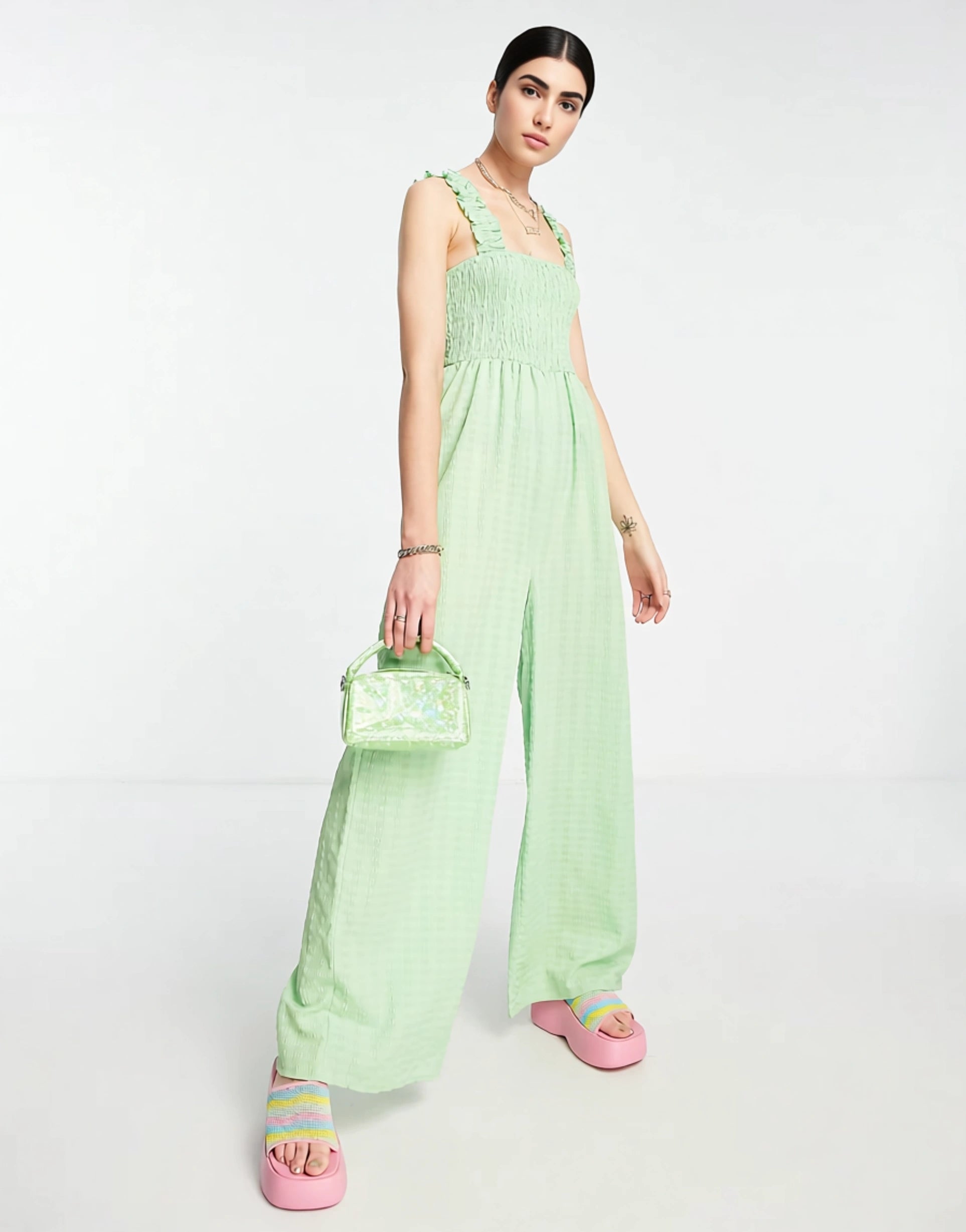Daisy Street Womens Wide Leg Relaxed Jumpsuit With Shirring Bust In Apple Green
