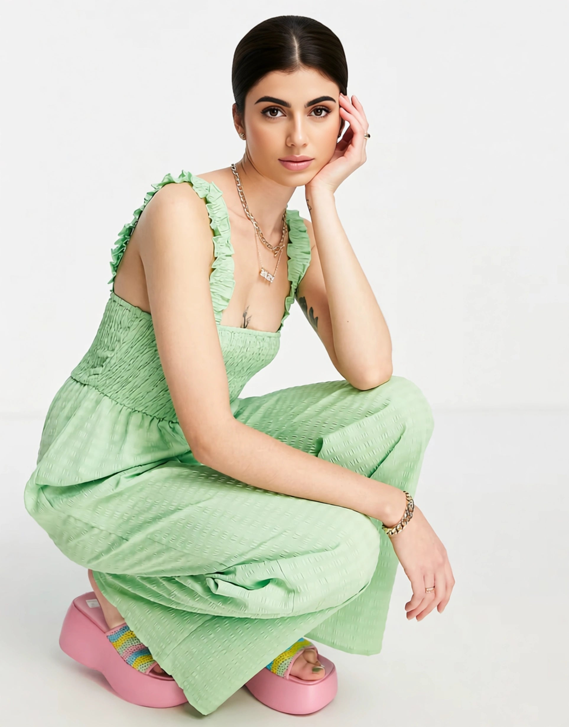 Daisy Street Womens Wide Leg Relaxed Jumpsuit With Shirring Bust In Apple Green