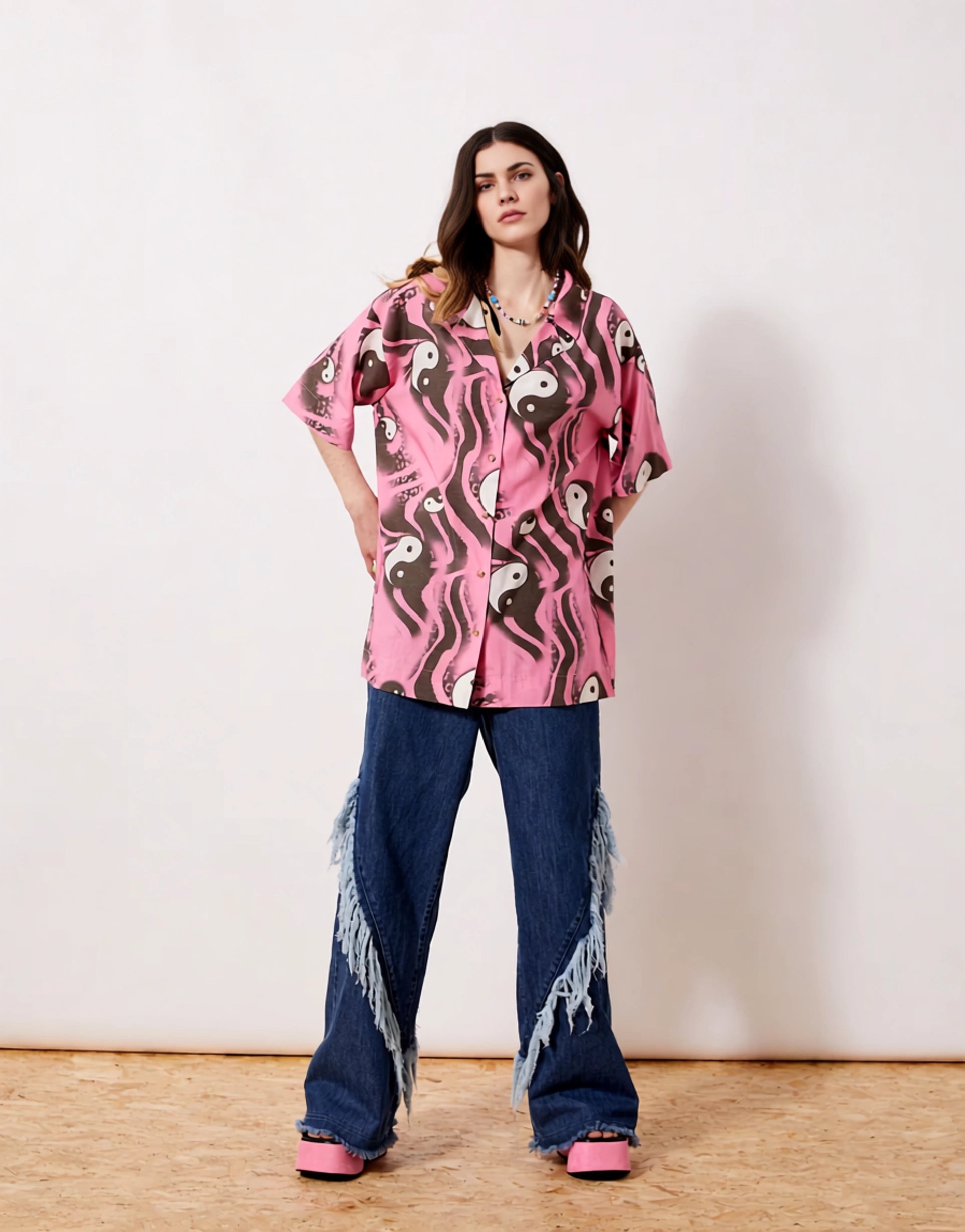 New Girl Order Women's Yin Yang Print Bowling Shirt In Pink
