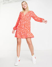 Nobodys Child Womens Nobodys Petite Frill Hem Mini Tea Dress in Pink Heart