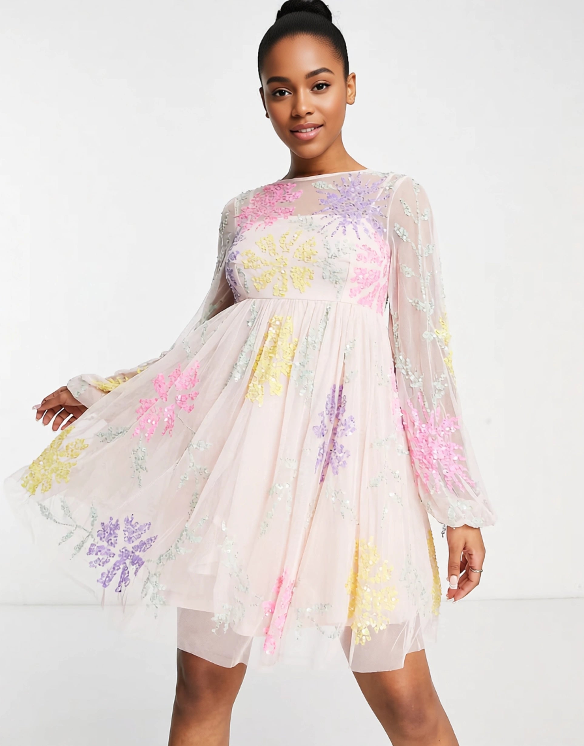 Maya Womens Flower Puff Mini Dress in Multicolour