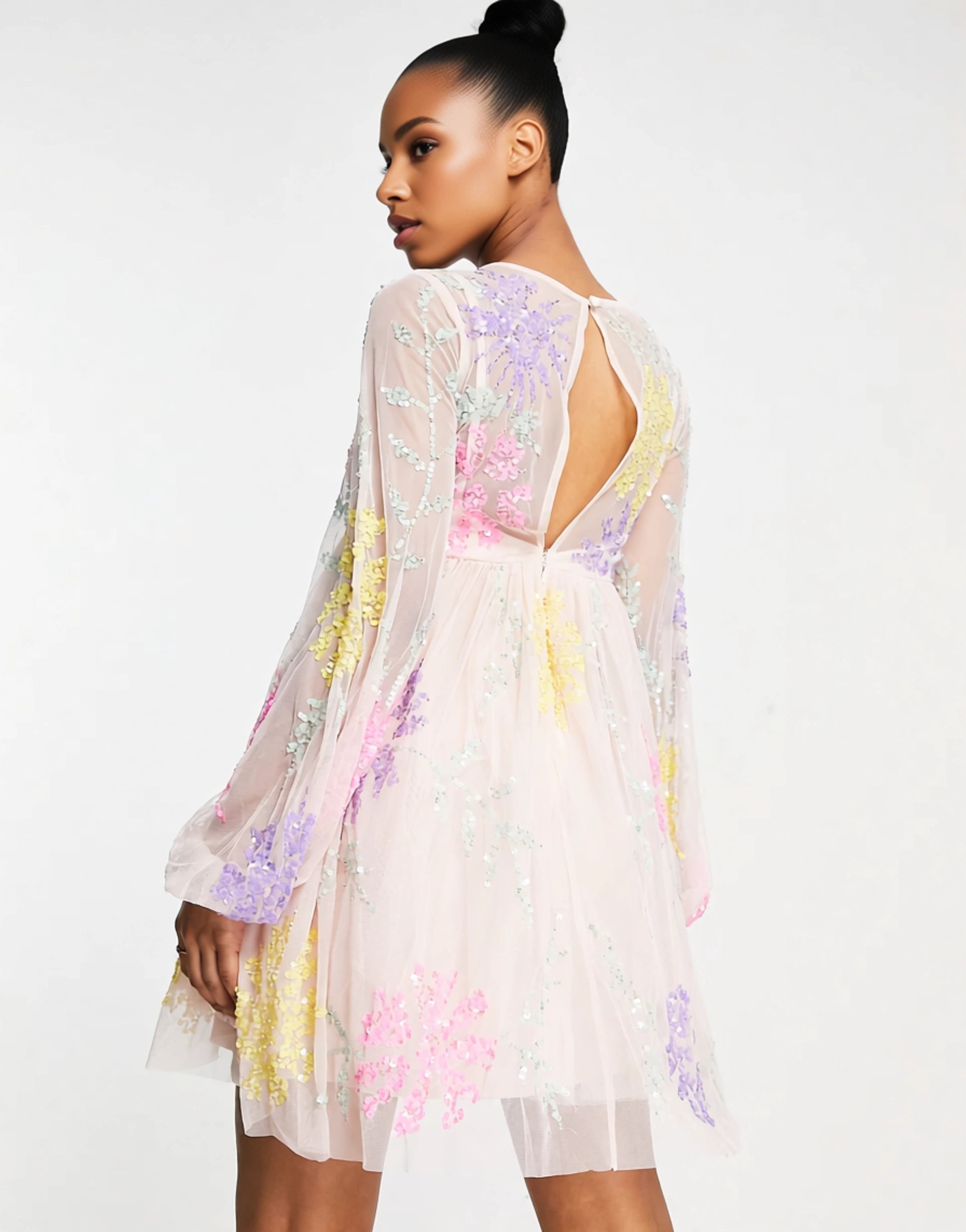 Maya Womens Flower Puff Mini Dress in Multicolour