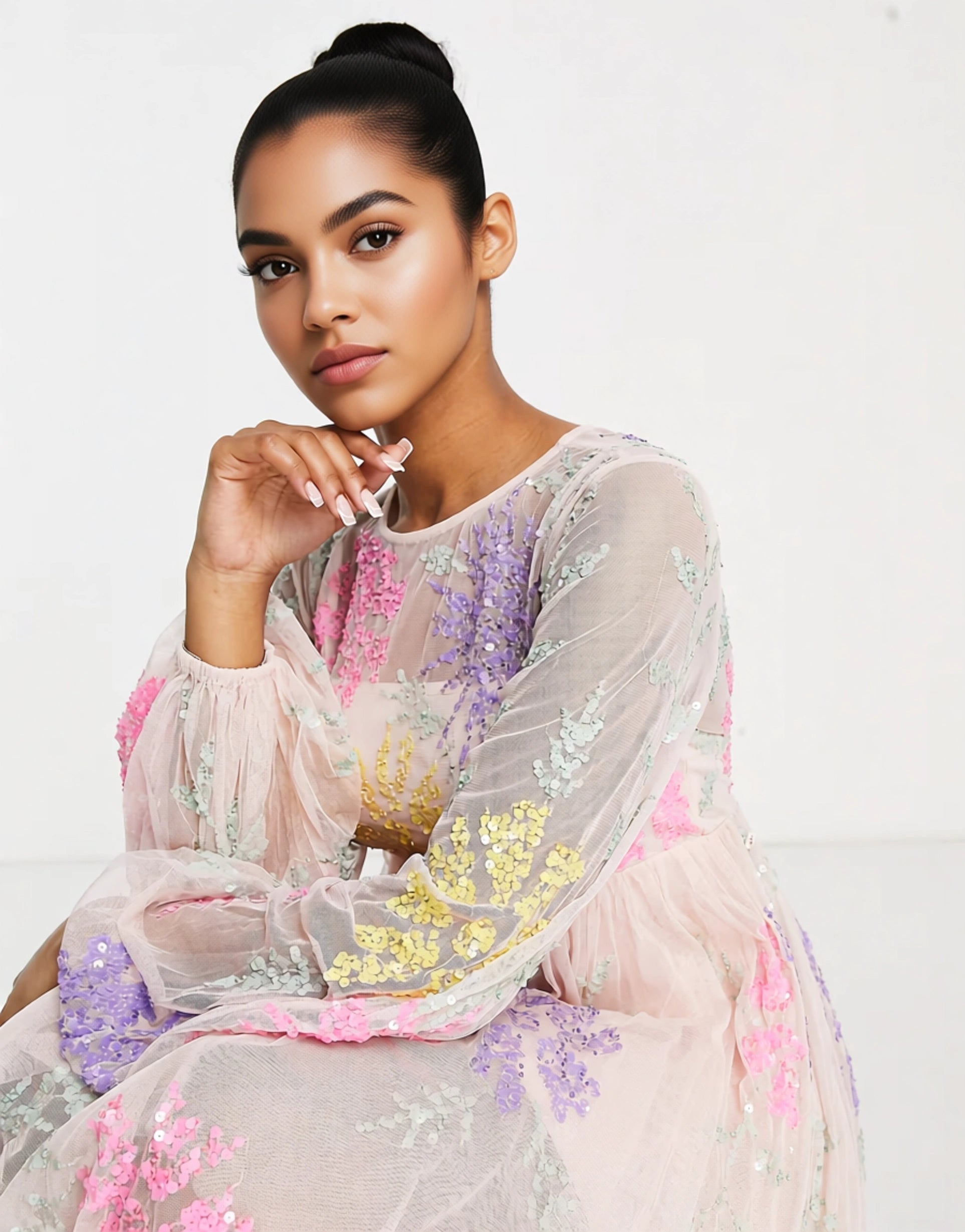 Maya Womens Flower Puff Mini Dress in Multicolour