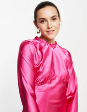 Never Fully Dressed Women's Frill Neck Satin Mini Dress in Bright Pink In Pink