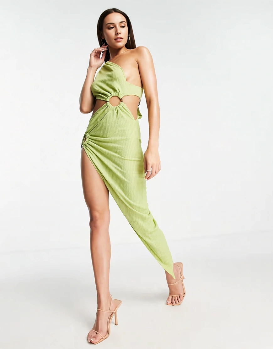 Simmi Clothing Womens One Shoulder Ring Detail Asymmetric Thigh Split Maxi Dress in Lime
