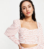 Collective The Label Petite Womens Bow Back Crop Top Co-Ord in Ditsy Heart Print In White