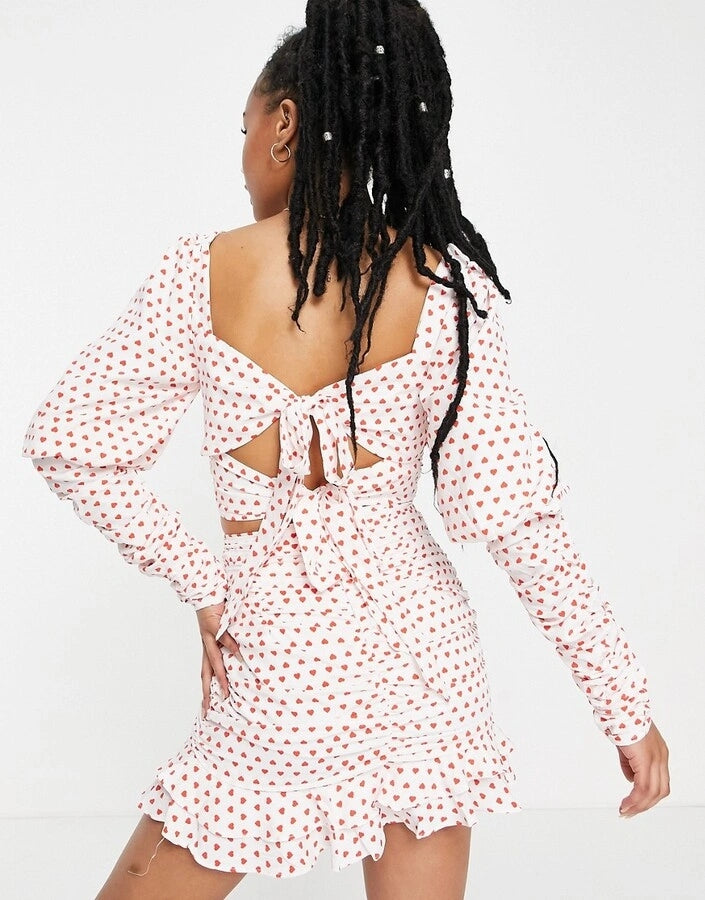 Collective The Label Petite Womens Bow Back Crop Top Co-Ord in Ditsy Heart Print In White
