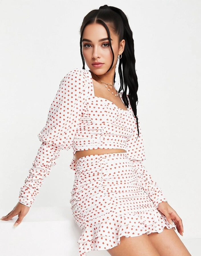 Collective The Label Petite Womens Bow Back Crop Top Co-Ord in Ditsy Heart Print In White