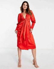 Collective The Label Women's Plunge Tie Front Midi Dress In Red
