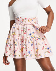 Collective The Label Womens Belted Tiered Mini Skirt Co-Ord in Pink Floral